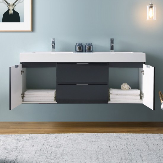 Valencia 60" Dark Slate Gray Wall Hung Double Sink Modern Bathroom Vanity