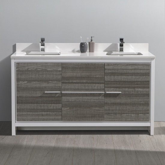 Allier Rio 60" Ash Gray Double Sink Modern Bathroom Cabinet w/ Top & Sinks