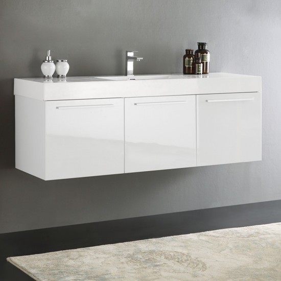 Vista 60" White Wall Hung Single Sink Modern Bathroom Cabinet w/ Integrated Sink