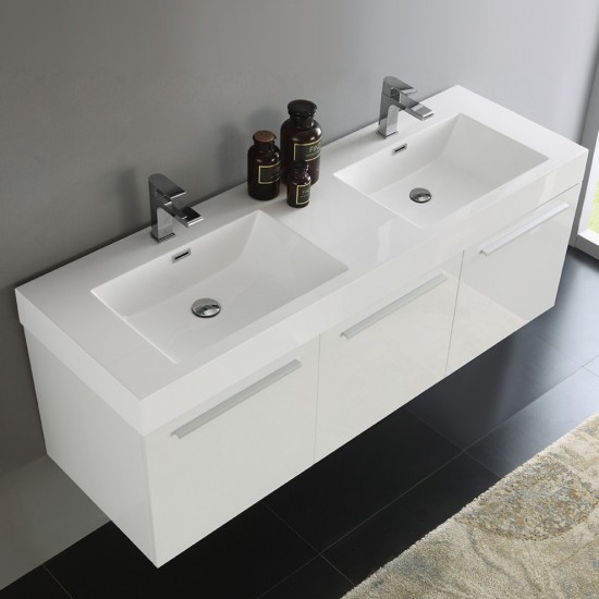 Vista 60" White Wall Hung Double Sink Modern Bathroom Cabinet w/ Integrated Sink