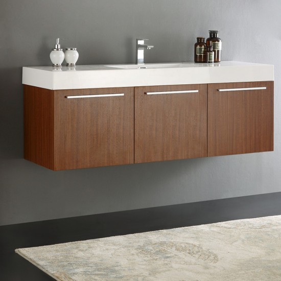 Vista 60" Teak Wall Hung Single Sink Modern Bathroom Cabinet w/ Integrated Sink