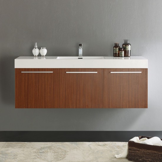 Vista 60" Teak Wall Hung Single Sink Modern Bathroom Cabinet w/ Integrated Sink