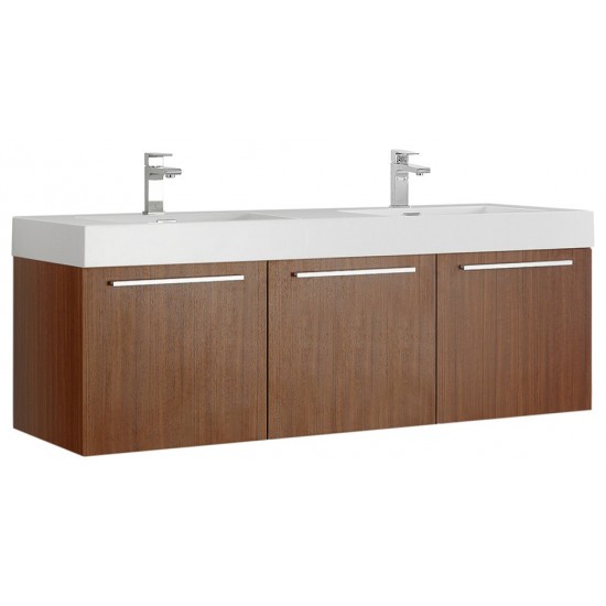 Vista 60" Teak Wall Hung Double Sink Modern Bathroom Cabinet w/ Integrated Sink