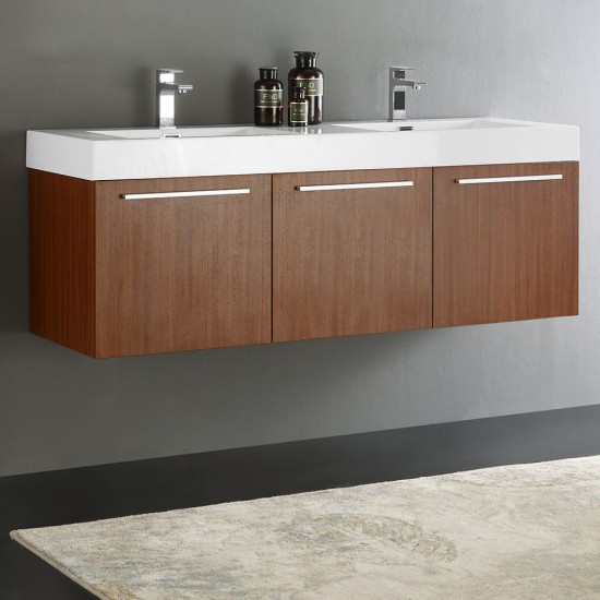 Vista 60" Teak Wall Hung Double Sink Modern Bathroom Cabinet w/ Integrated Sink