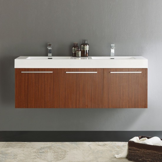 Vista 60" Teak Wall Hung Double Sink Modern Bathroom Cabinet w/ Integrated Sink