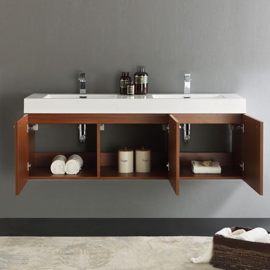 Vista 60" Teak Wall Hung Double Sink Modern Bathroom Cabinet w/ Integrated Sink