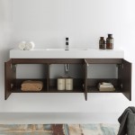 Vista 60 Walnut Wall Hung Single Sink Modern Bathroom Cabinet w/ Integrated Sink