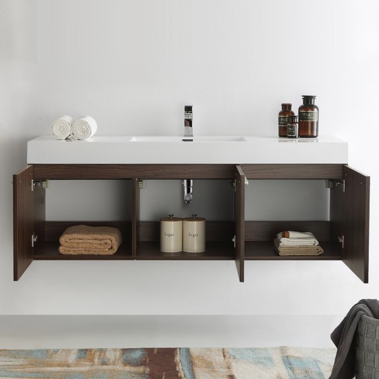 Vista 60 Walnut Wall Hung Single Sink Modern Bathroom Cabinet w/ Integrated Sink