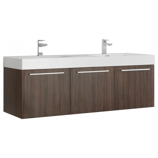 Vista 60 Walnut Wall Hung Double Sink Modern Bathroom Cabinet w/ Integrated Sink