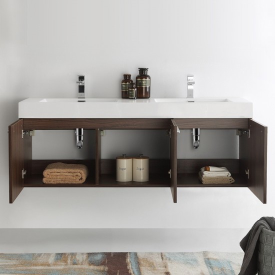 Vista 60 Walnut Wall Hung Double Sink Modern Bathroom Cabinet w/ Integrated Sink