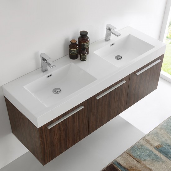 Vista 60 Walnut Wall Hung Double Sink Modern Bathroom Cabinet w/ Integrated Sink