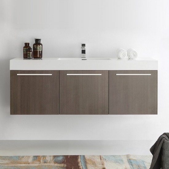 Vista 60 Gray Oak Wall Hung Single Sink Bathroom Cabinet w/ Integrated Sink