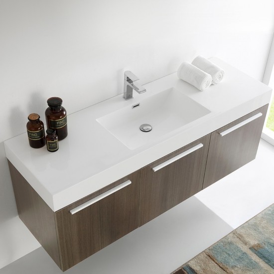 Vista 60 Gray Oak Wall Hung Single Sink Bathroom Cabinet w/ Integrated Sink