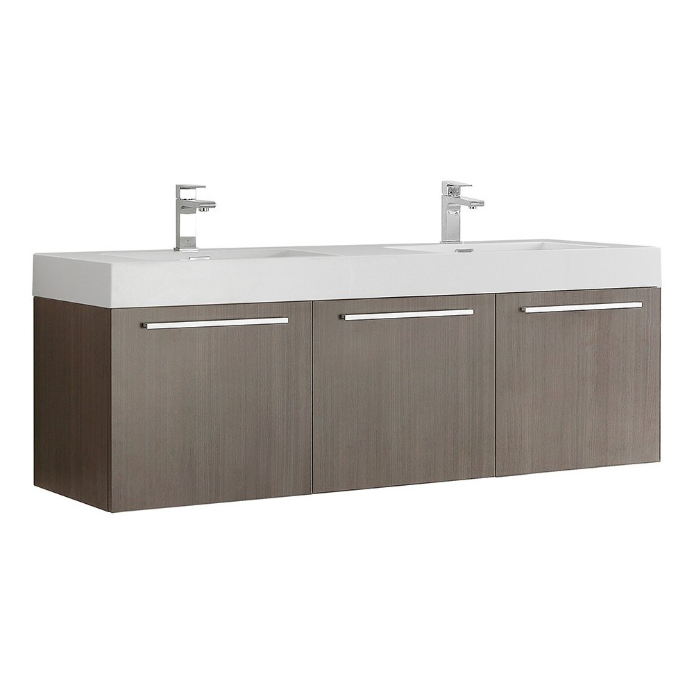 Vista 60 Gray Oak Wall Hung Double Sink Bathroom Cabinet w/ Integrated Sink
