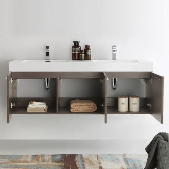 Vista 60 Gray Oak Wall Hung Double Sink Bathroom Cabinet w/ Integrated Sink