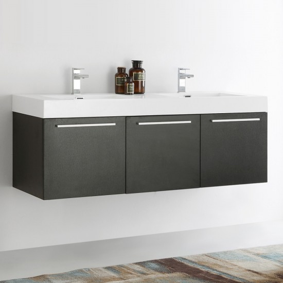 Vista 60" Black Wall Hung Double Sink Modern Bathroom Cabinet w/ Integrated Sink