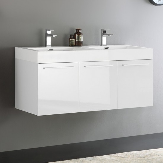 Vista 48" White Wall Hung Double Sink Modern Bathroom Cabinet w/ Integrated Sink