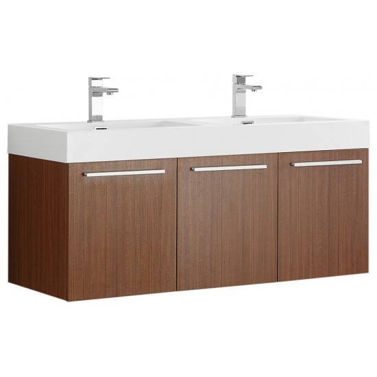 Vista 48" Teak Wall Hung Double Sink Modern Bathroom Cabinet w/ Integrated Sink