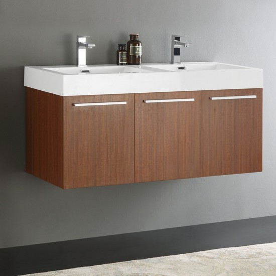 Vista 48" Teak Wall Hung Double Sink Modern Bathroom Cabinet w/ Integrated Sink