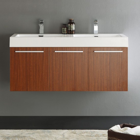 Vista 48" Teak Wall Hung Double Sink Modern Bathroom Cabinet w/ Integrated Sink