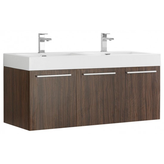 Vista 48 Walnut Wall Hung Double Sink Modern Bathroom Cabinet w/ Integrated Sink