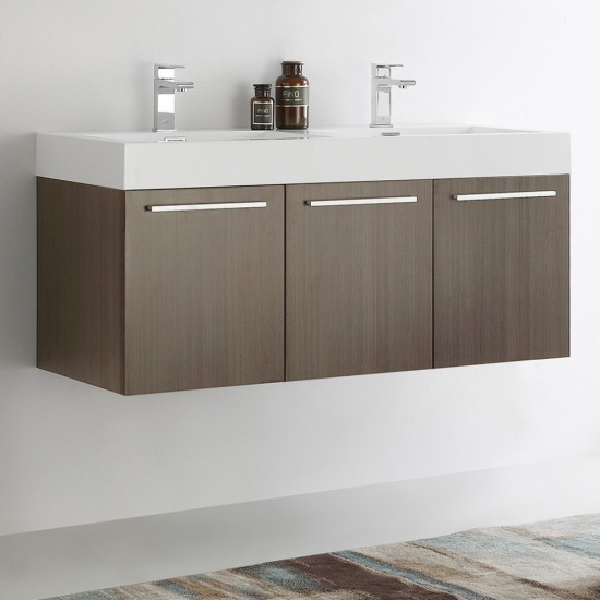 Vista 48 Gray Oak Wall Hung Double Sink Bathroom Cabinet w/ Integrated Sink