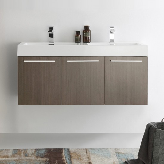 Vista 48 Gray Oak Wall Hung Double Sink Bathroom Cabinet w/ Integrated Sink