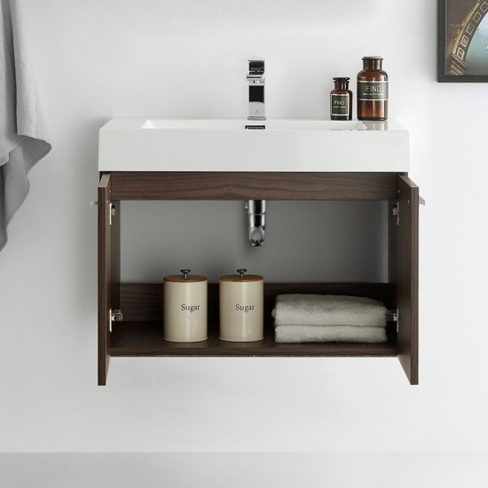 Fresca Vista 30" Walnut Wall Hung Modern Bathroom Cabinet w/ Integrated Sink