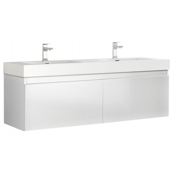 Mezzo 60" White Wall Hung Double Sink Modern Bathroom Cabinet w/ Integrated Sink