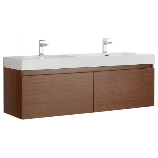 Mezzo 60" Teak Wall Hung Double Sink Modern Bathroom Cabinet w/ Integrated Sink