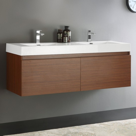 Mezzo 60" Teak Wall Hung Double Sink Modern Bathroom Cabinet w/ Integrated Sink