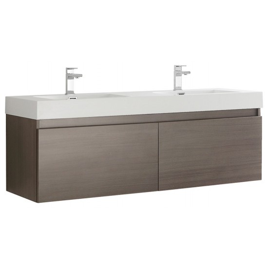 Mezzo 60 Gray Oak Wall Hung Double Sink Bathroom Cabinet w/ Integrated Sink