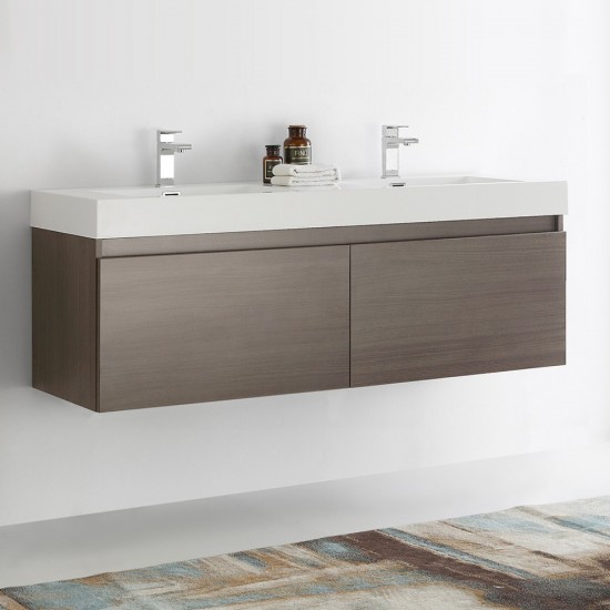 Mezzo 60 Gray Oak Wall Hung Double Sink Bathroom Cabinet w/ Integrated Sink