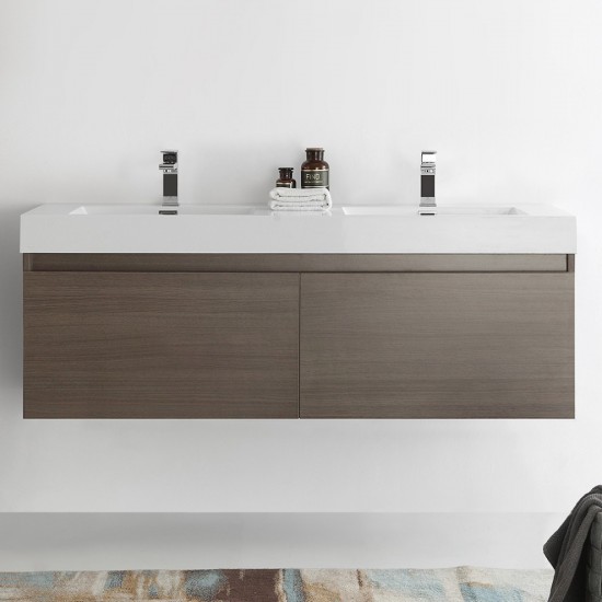 Mezzo 60 Gray Oak Wall Hung Double Sink Bathroom Cabinet w/ Integrated Sink