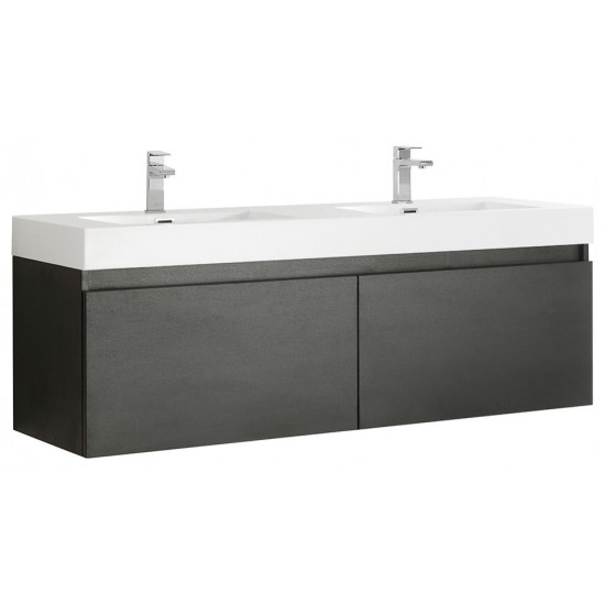 Mezzo 60" Black Wall Hung Double Sink Modern Bathroom Cabinet w/ Integrated Sink