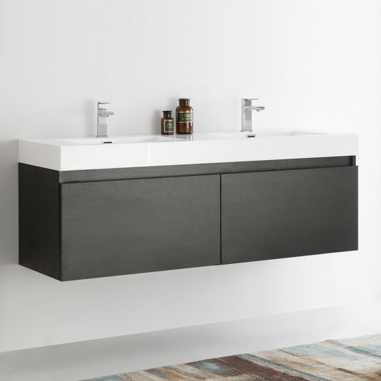 Mezzo 60" Black Wall Hung Double Sink Modern Bathroom Cabinet w/ Integrated Sink