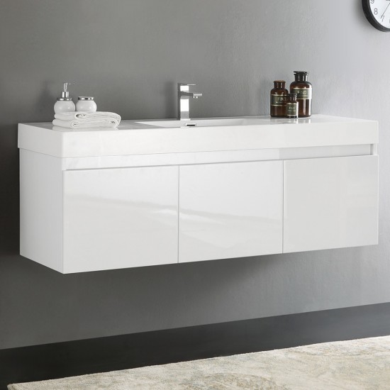 Mezzo 60" White Wall Hung Single Sink Modern Bathroom Cabinet w/ Integrated Sink