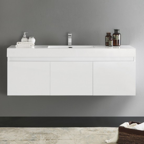 Mezzo 60" White Wall Hung Single Sink Modern Bathroom Cabinet w/ Integrated Sink