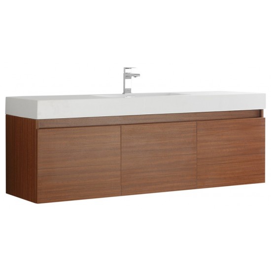 Mezzo 60" Teak Wall Hung Single Sink Modern Bathroom Cabinet w/ Integrated Sink