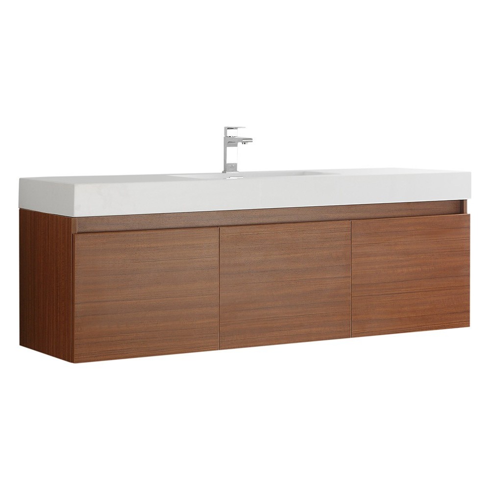 Mezzo 60" Teak Wall Hung Single Sink Modern Bathroom Cabinet w/ Integrated Sink