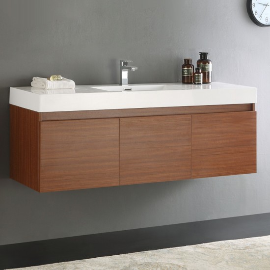 Mezzo 60" Teak Wall Hung Single Sink Modern Bathroom Cabinet w/ Integrated Sink