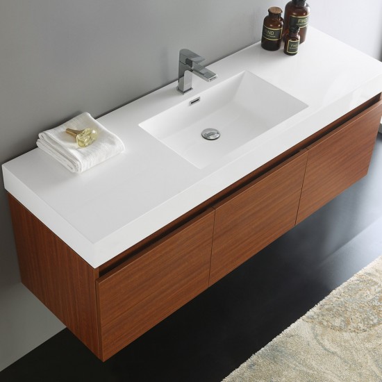 Mezzo 60" Teak Wall Hung Single Sink Modern Bathroom Cabinet w/ Integrated Sink