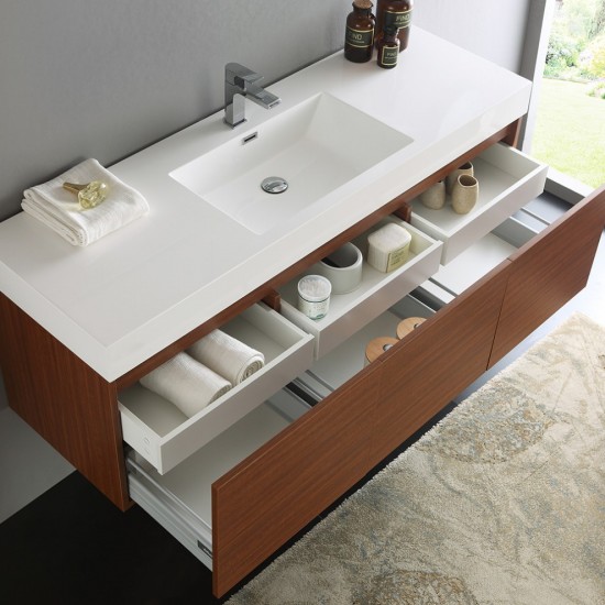 Mezzo 60" Teak Wall Hung Single Sink Modern Bathroom Cabinet w/ Integrated Sink