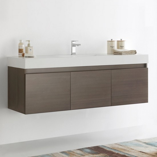 Mezzo 60 Gray Oak Wall Hung Single Sink Bathroom Cabinet w/ Integrated Sink