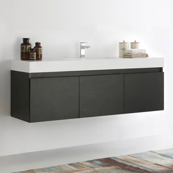 Mezzo 60" Black Wall Hung Single Sink Modern Bathroom Cabinet w/ Integrated Sink