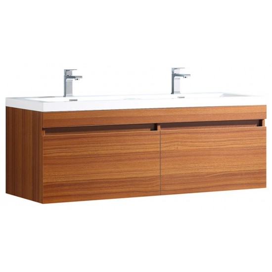 Fresca Largo 57" Teak Modern Double Sink Bathroom Cabinet w/ Integrated Sinks