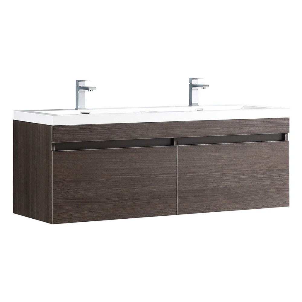 Largo 57" Gray Oak Modern Double Sink Bathroom Cabinet w/ Integrated Sinks