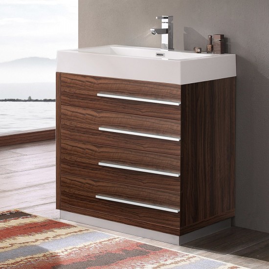 Fresca Livello 30" Walnut Modern Bathroom Cabinet w/ Integrated Sink