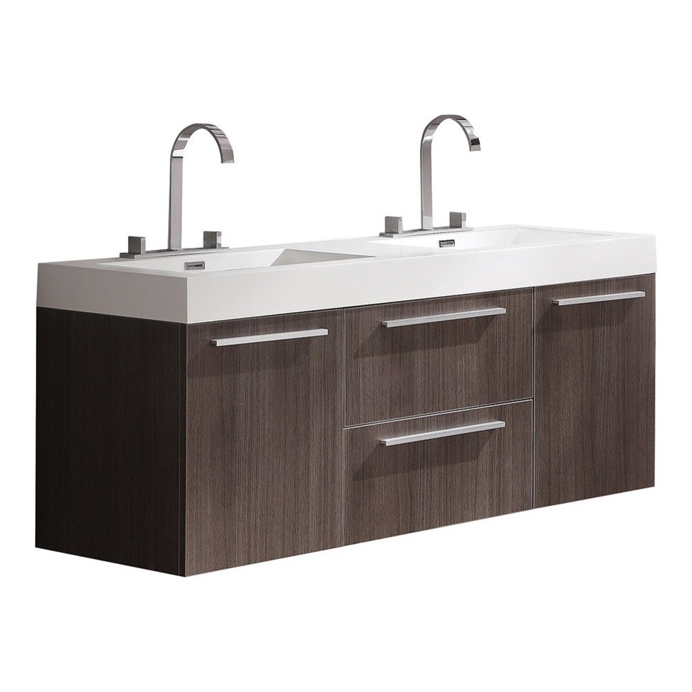 Opulento 54" Gray Oak Modern Double Sink Bathroom Cabinet w/ Integrated Sinks