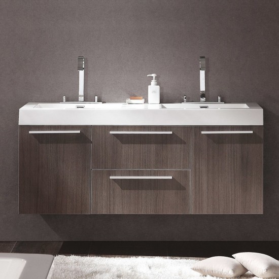 Opulento 54" Gray Oak Modern Double Sink Bathroom Cabinet w/ Integrated Sinks